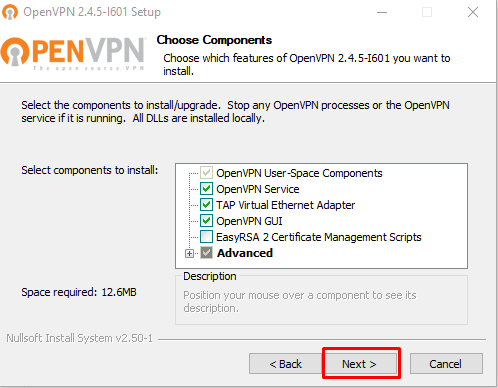 OpenVPN Wizard Select Components